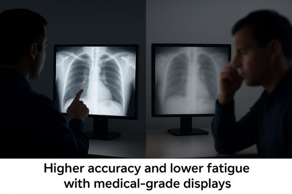 A split-panel image showing a radiologist confidently pointing out a subtle finding on a clear medical display versus another squinting at a blurry screen