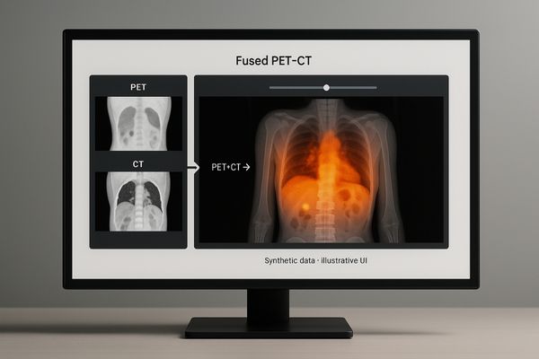 An image comparing a side-by-side view of a PET scan and a CT scan with a single fused PET-CT overlay.