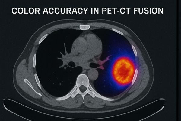 A PET-CT fusion image on a medical display, with bright, distinct colors highlighting a tumor against the grayscale CT background