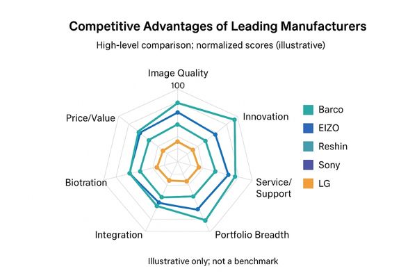 A spider chart comparing several top manufacturers across different competitive advantages like price, innovation, service, and portfolio breadth