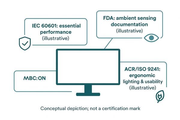 A collage of logos for IEC, FDA, DICOM, and an icon for ergonomics