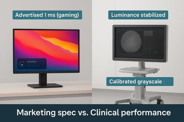 A side-by-side comparison of a consumer monitor and a medical-grade monitor, showing the latter's robust build and clinical interface