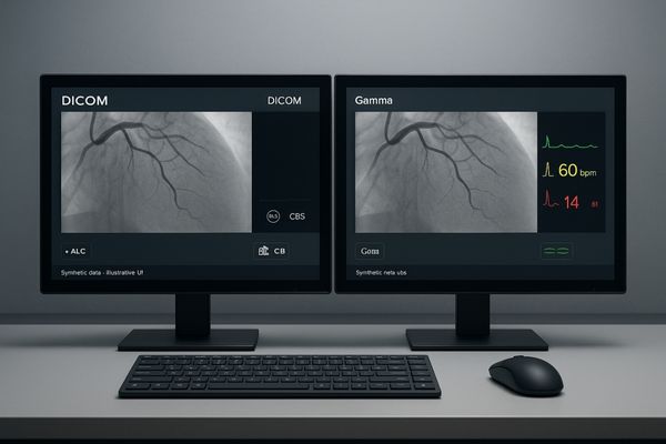 An image of a control room desk with two monitors side-by-side, both showing the same reference image with identical brightness and grayscale, demonstrating consistency.