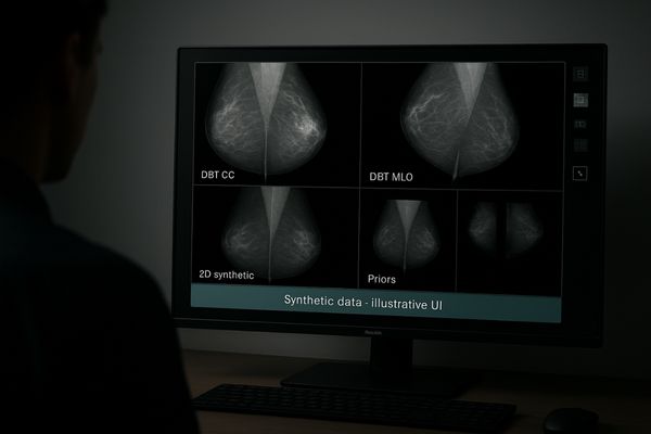 A 12MP monitor displaying a complete mammography study, with DBT slices, FFDM views, and prior images all arranged automatically by a hanging protocol.