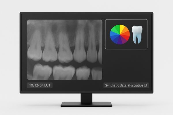 A display showing a detailed dental X-ray, with an inset of a color wheel demonstrating its wide color gamut capabilities.