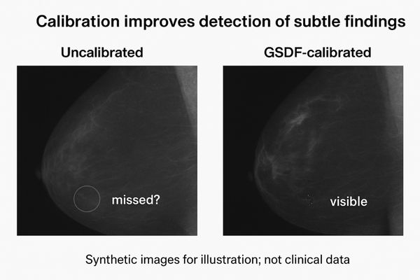 A comparative set of mammograms, one on an uncalibrated display with missed findings circled, and the other on a calibrated display where the findings are clear