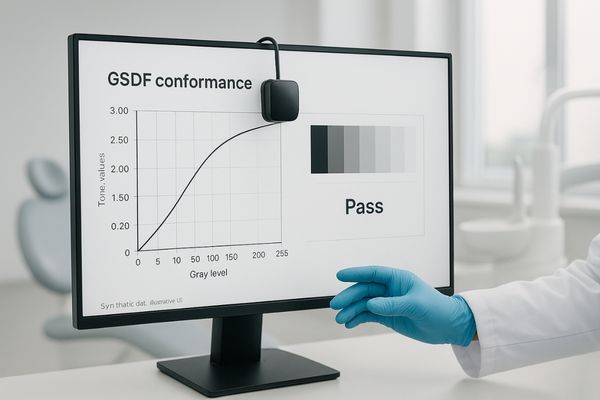 An image of a built-in sensor swinging in front of a monitor screen, illustrating the automatic DICOM calibration process.
