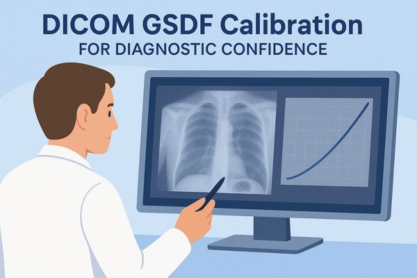 Radiologist examining a chest X-ray on a DICOM GSDF-calibrated medical display with an overlaid grayscale curve