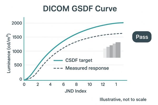 A graph showing the DICOM GSDF curve, with a medical monitor's luminance response mapped perfectly along it, ensuring perceptual linearity.