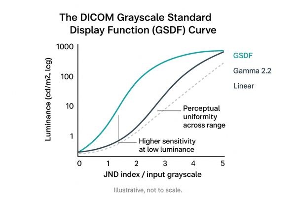 A graph clearly showing the non-linear DICOM GSDF curve compared to a standard linear or gamma curve