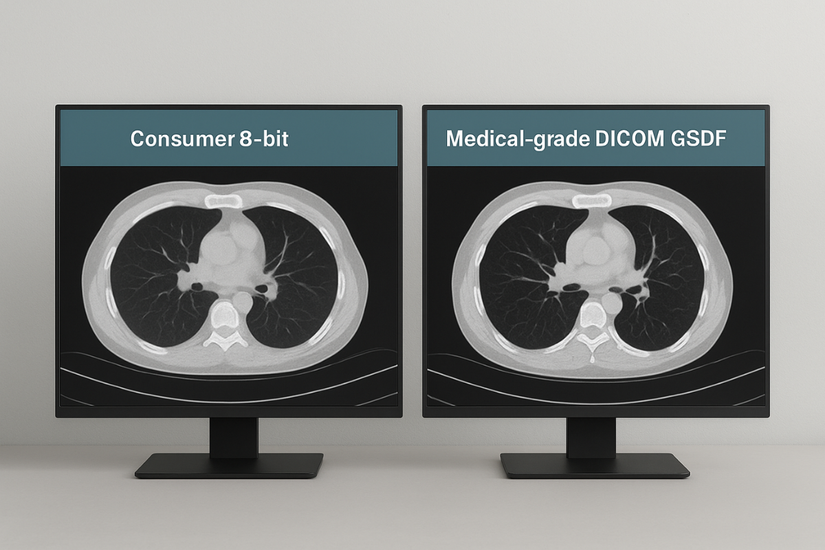A side-by-side comparison showing a faint lung nodule visible on a DICOM-calibrated screen but invisible on a consumer screen