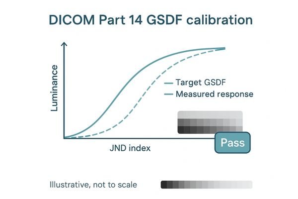 A graph showing the DICOM GSDF curve, with a medical display's luminance response mapped perfectly along it.