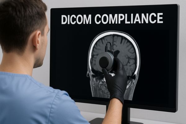 A medical technician using a calibration tool on a diagnostic display to ensure DICOM compliance