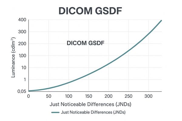A graph showing the DICOM Part 14 Grayscale Standard Display Function curve