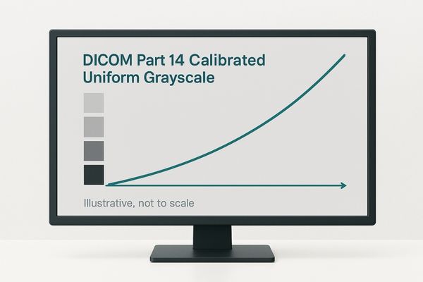 DICOM GSDF curve visualized on a medical monitor showing uniform grayscale patterns