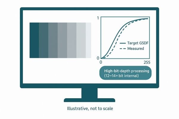 DICOM GSDF curve shown on a monitor with a grayscale test pattern