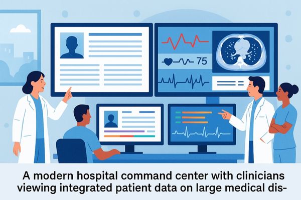 Illustration of a modern hospital command center where clinicians analyze integrated patient data on multiple large medical displays, including vital signs, EMR, and imaging scans.