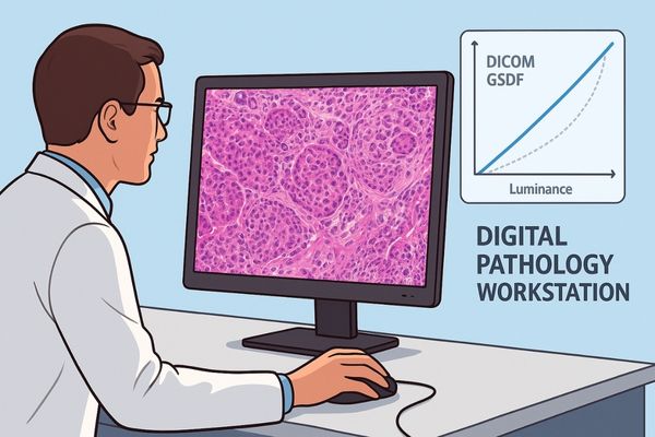 Pathologist reviewing a stained tissue whole-slide image on a high-resolution medical-grade display in a digital pathology workstation