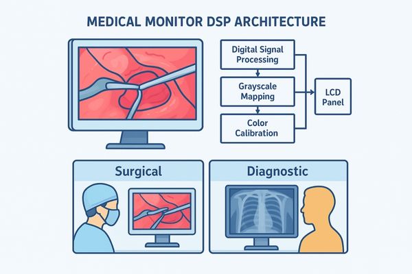 Diagram illustrating Digital Signal Processing in medical-grade monitors for surgical and diagnostic applications, showing low-latency video, DICOM grayscale mapping, and image enhancement features.