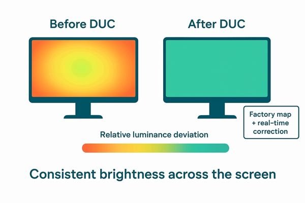 Heatmap visualization of a monitor's screen uniformity before and after correction