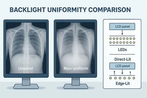 Medical display infographic comparing Direct-Lit and Edge-Lit backlight systems, showing LED placement, luminance uniformity, heat management, and clinical applications