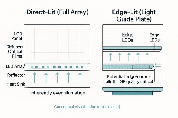 Diagram showing the internal structure of Direct-Lit vs Edge-Lit displays