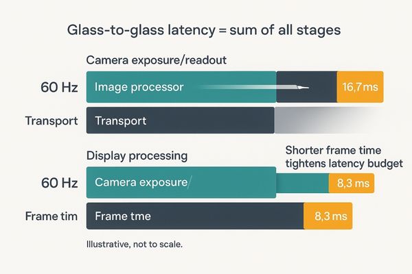 A diagram illustrating the latency budget of a video signal chain, showing the time taken at the camera, processor, and display for both 60 Hz and 120 Hz systems.