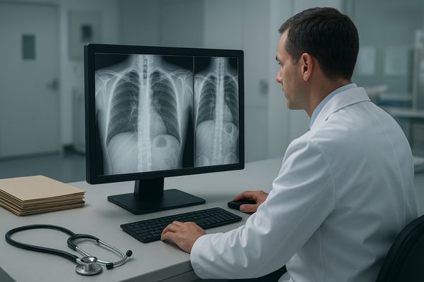 Doctor analyzing digital X-ray DR and CR images on medical display