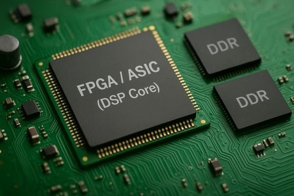 Photo of a circuit board showing a prominent FPGA or ASIC chip