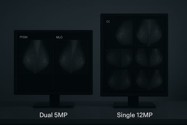 A side-by-side comparison: a dual 5MP setup versus a single 12MP monitor, with the single screen showing more images and reducing bezel distraction.