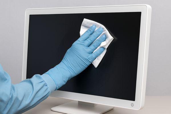 A gloved hand wiping down the seamless front surface of a medical display with a disinfectant cloth