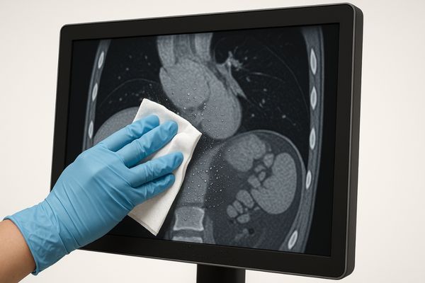 A gloved hand using a disinfectant wipe on the seamless front surface of a medical display