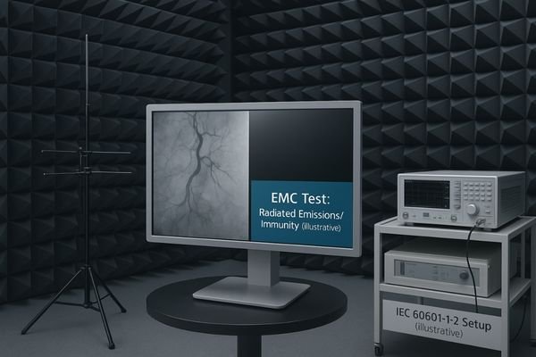Image showing a monitor undergoing EMC testing in an anechoic chamber