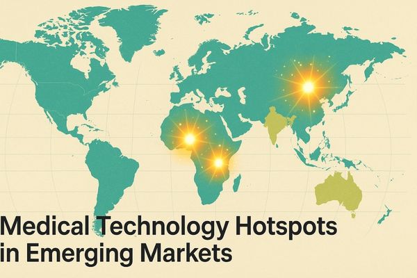 World map highlighting emerging healthcare markets in Southeast Asia, Africa, and Latin America with glowing points of light representing medical technology growth and hospital investments.