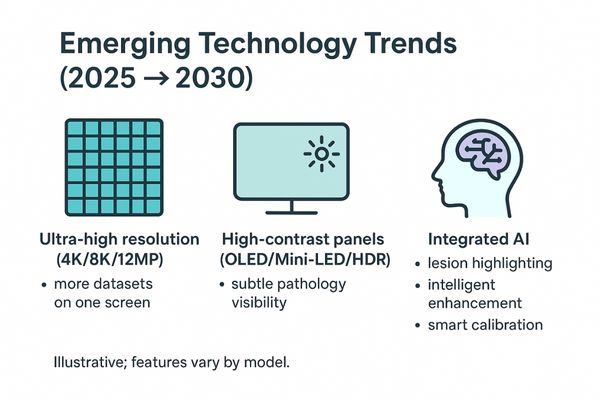 An infographic showcasing emerging trends with icons for 8K resolution, OLED panels, and AI brain logos