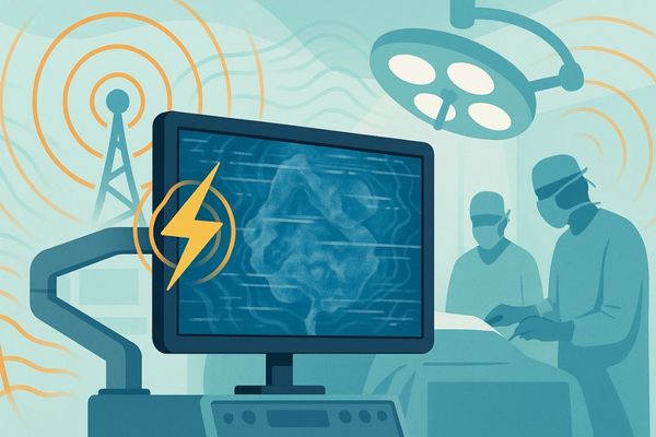 Electromagnetic interference affecting a medical monitor during surgery, with static on the screen and visible EMI waves in an operating room