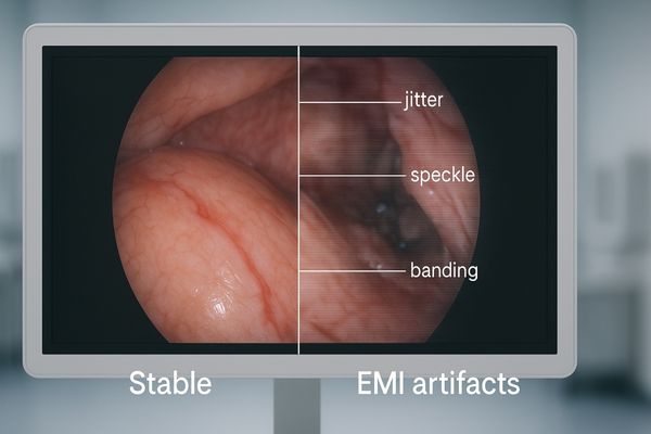 A medical monitor showing image artifacts due to EMI