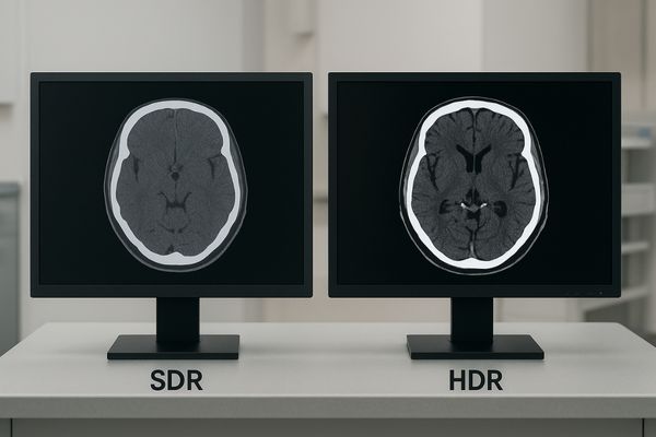 A side-by-side comparison of a CT scan on an SDR and an HDR monitor