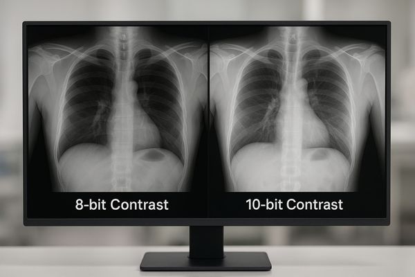 Side-by-side medical images showing superior contrast detail on the 10-bit side