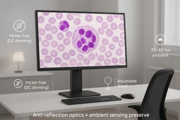 An image of an ergonomic laboratory workstation featuring a medical display on a fully adjustable stand, positioned for optimal user posture