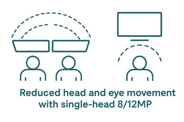 A diagram showing the reduced range of head and eye motion for a radiologist using a single large monitor compared to a dual-monitor setup.