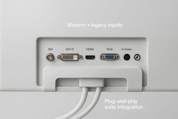 The input panel of an endoscopy monitor showing a wide array of connectors, including BNC (for SDI and Composite), S-Video, VGA, and DVI.