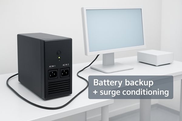 An external medical-grade UPS unit connected to a monitor and other devices