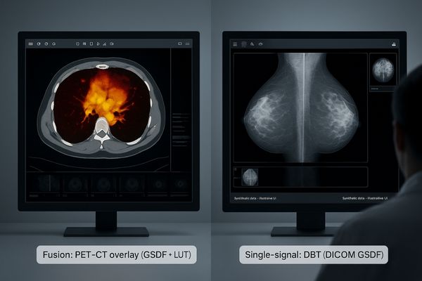 A composite image showing a split screen: one side displays a PET-CT fusion image, the other shows a detailed mammogram on a separate high-resolution screen.