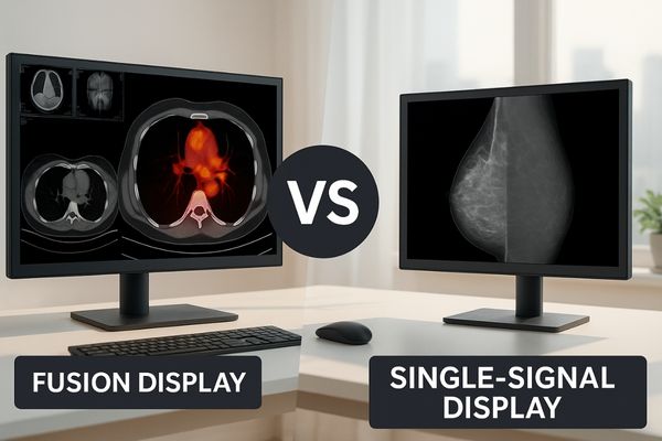 Composite medical display comparison showing a PET-CT fusion image on a multimodality monitor versus a grayscale mammogram on a single-signal diagnostic display in a radiology reading room.