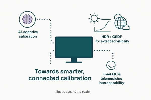 A futuristic infographic showing AI, HDR, and global network icons converging on a medical display