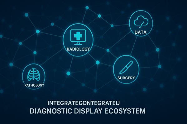 An abstract image showing interconnected nodes representing radiology, pathology, surgery, and cloud data