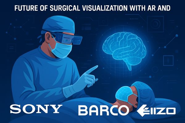 A futuristic illustration of a surgeon interacting with a holographic 3D image overlaid on a patient during surgery