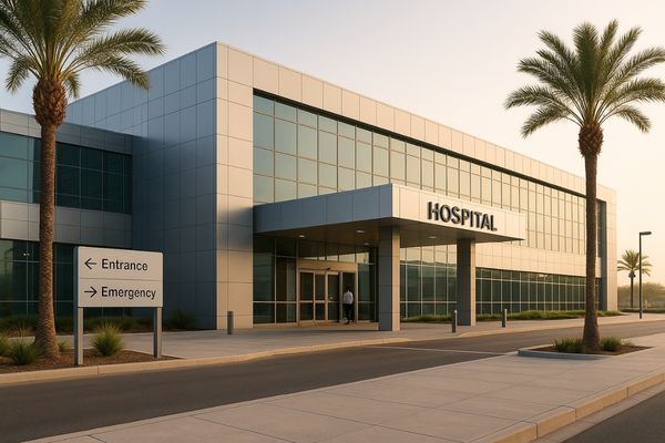 A modern, newly constructed hospital exterior in Saudi Arabia or the UAE.