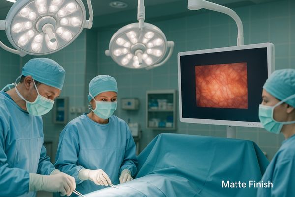 An operating room with a matte display showing no glare from surgical lights